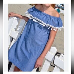 Off-Shoulder Blue Pom-Pom Trim Dress by 5 Loaves